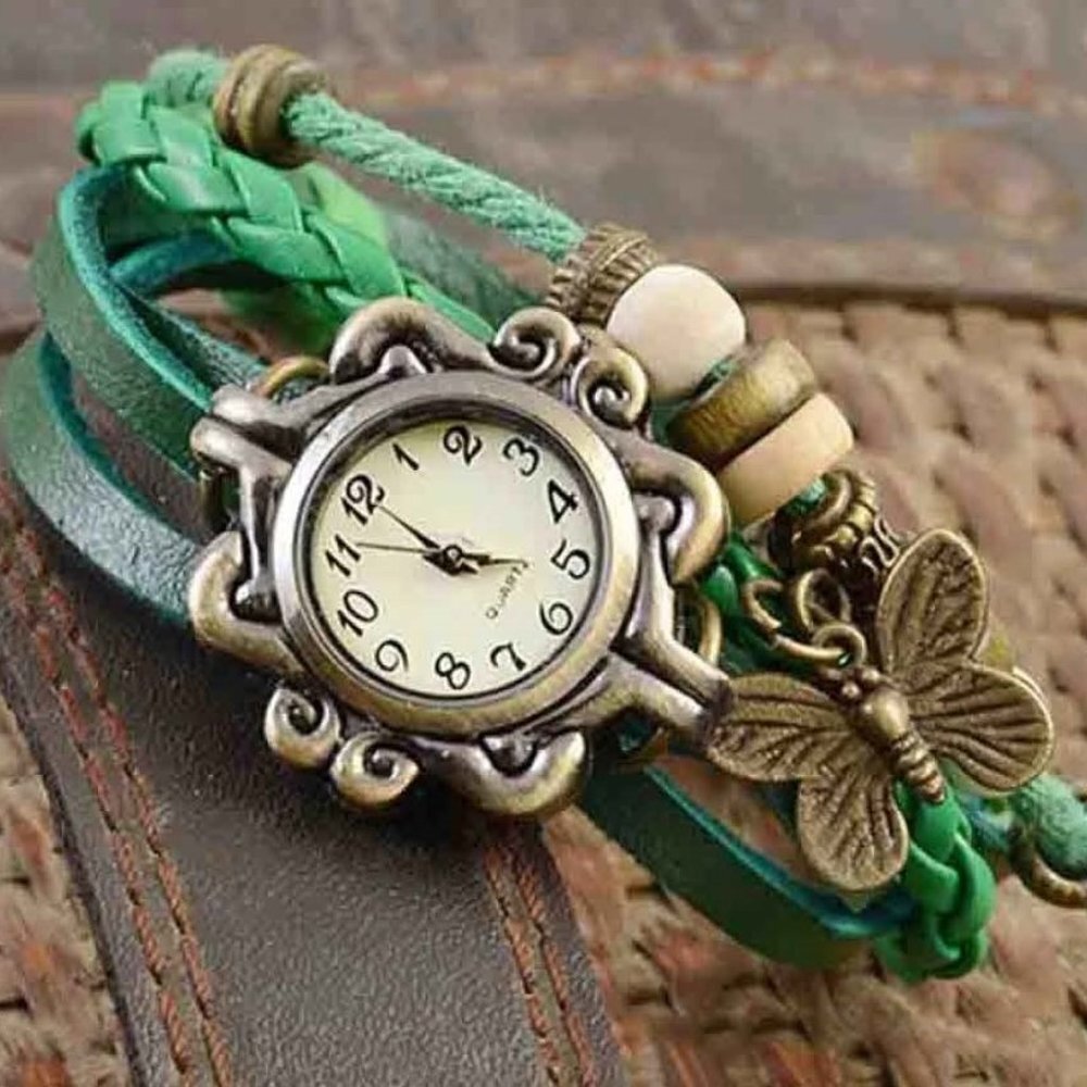Beaded Bracelet Boho Watch - Butterfly Charm - Green